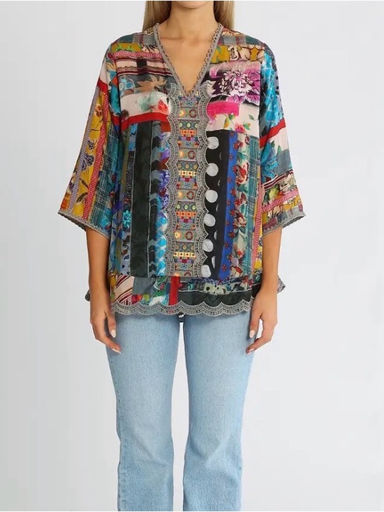 Johnny Was Tops - Johnny Was Sonnet Leonora Silk Boho Patchwork V-Neck Multicolor Tunic